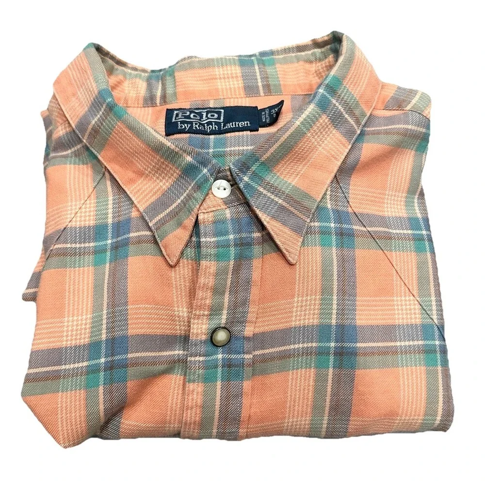 Polo Ralph Lauren Shirt Mens 3XB Peach Plaid‎ Pearl Snap Western Flannel Shirt
